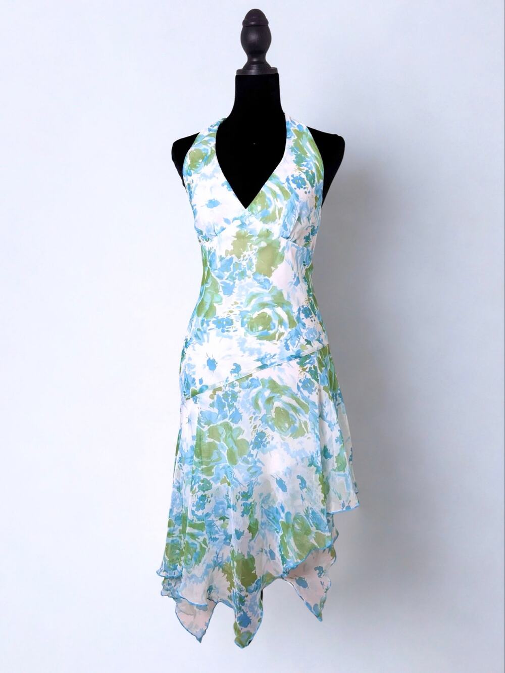Vtg Y2K Speechless Pale Blue Floral Halter Fairy Dress Tiered Skirt Size XS/S